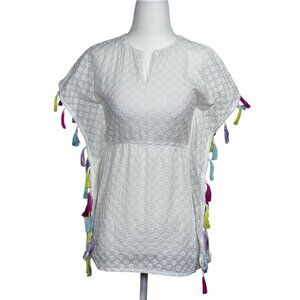 Andy & Evan Size 12 Y White Embroidered Tunic Top With Multicolor Tassels
